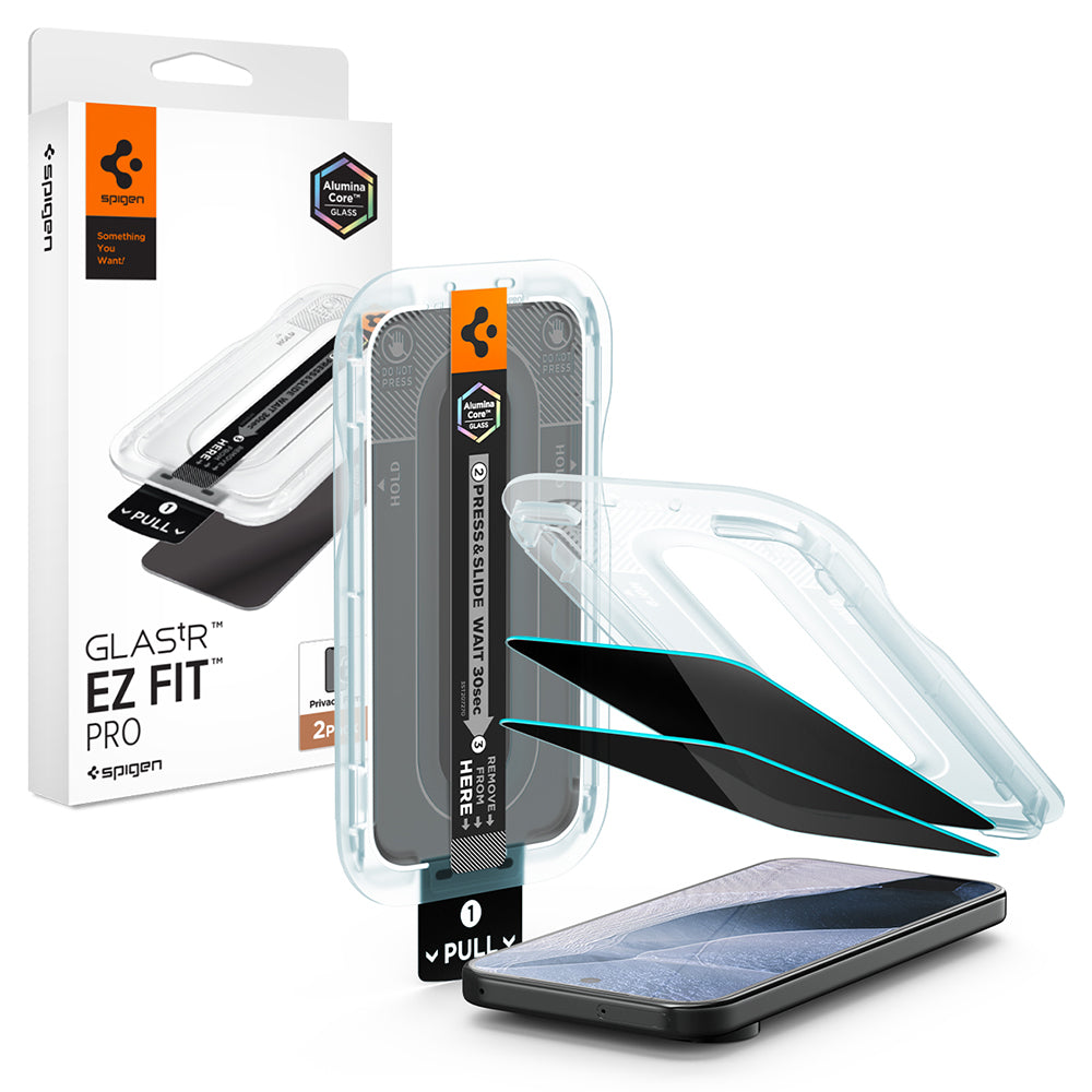 Privacy-skærmbeskyttelsesfilm Spigen GlastR EZ FIT Pro til Google Pixel 11 Pro / 10 Pro, hærdet glas, fuld lim, sæt med 2 stk. AGL11481
