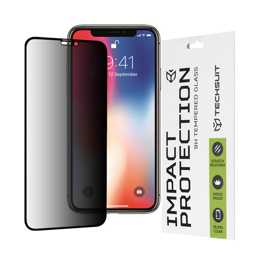 Privacy Techsuit skærmbeskyttelsesfilm til Apple iPhone 11 Pro / XS / X, hærdet glas, fuld lim, 111D