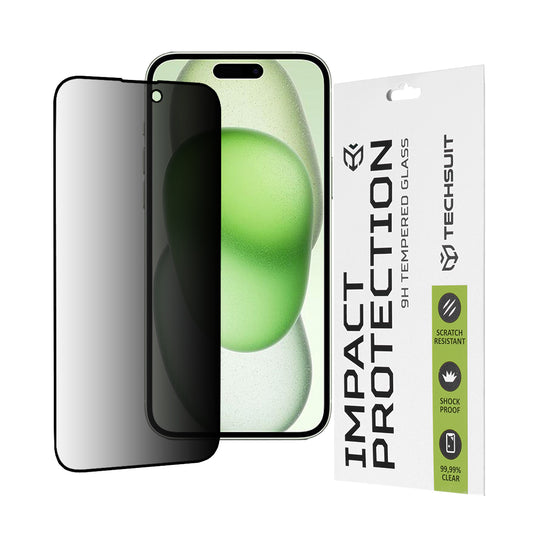 Privacy Techsuit skærmbeskyttelsesfilm til Apple iPhone 16 Plus / 15 Plus, hærdet glas, fuld lim, 111D