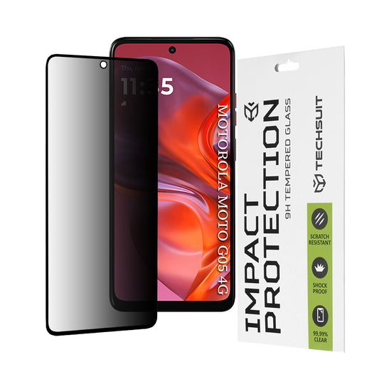 Privacy Techsuit skærmbeskyttelsesfilm til Motorola Moto E15 / G05, hærdet glas, fuld lim, 111D