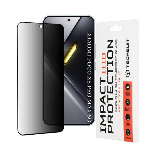 Beskyttelsesfilm Privacy Techsuit til Xiaomi Poco X8 Pro Max, Hærdet Glas, Full Glue, 111D