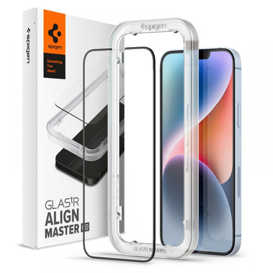 Beskyttelsesfilm til skærm Spigen GlastR Align Master til Apple iPhone 17e / 16e / 14 / 13 Pro, Hærdet Glas, Fuldklæbende, Sort AGL03725