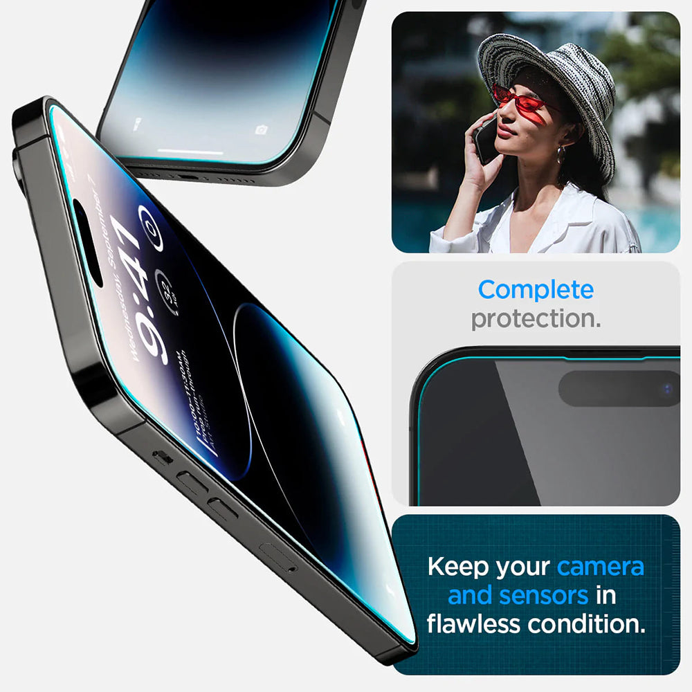 Beskyttelsesfilm til skærm Spigen GlastR EZ FIT til Apple iPhone 14 Pro, Hærdet Glas, Fuldklæbende, Sæt med 2 stykker