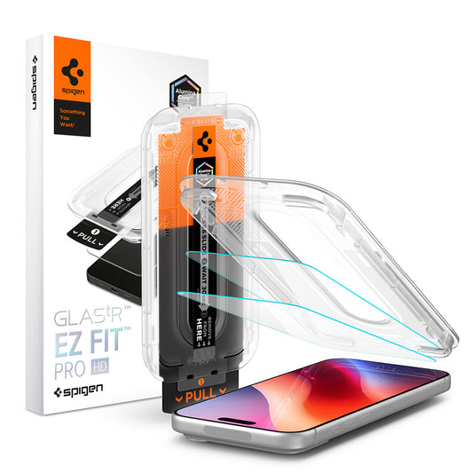 Skærmbeskyttelsesfilm Spigen GlastR EZ FIT Pro HD til Apple iPhone 18 Pro / 17 Pro / 17 / 16 Pro, hærdet glas, fuld lim, sæt med 2 stk AGL12047