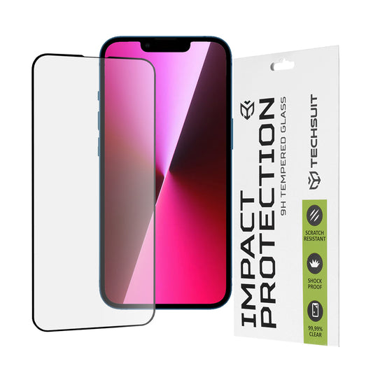 Techsuit M2 Skærmbeskytter til Apple iPhone 17e / 16e / 14 / 13 Pro, Hærdet Glas, Full Glue, 111D, Sort