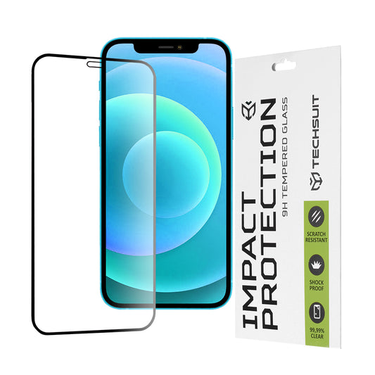 Techsuit skærmbeskyttelsesfilm til Apple iPhone 12 / 12 Pro, hærdet glas, fuld lim, 111D, sort