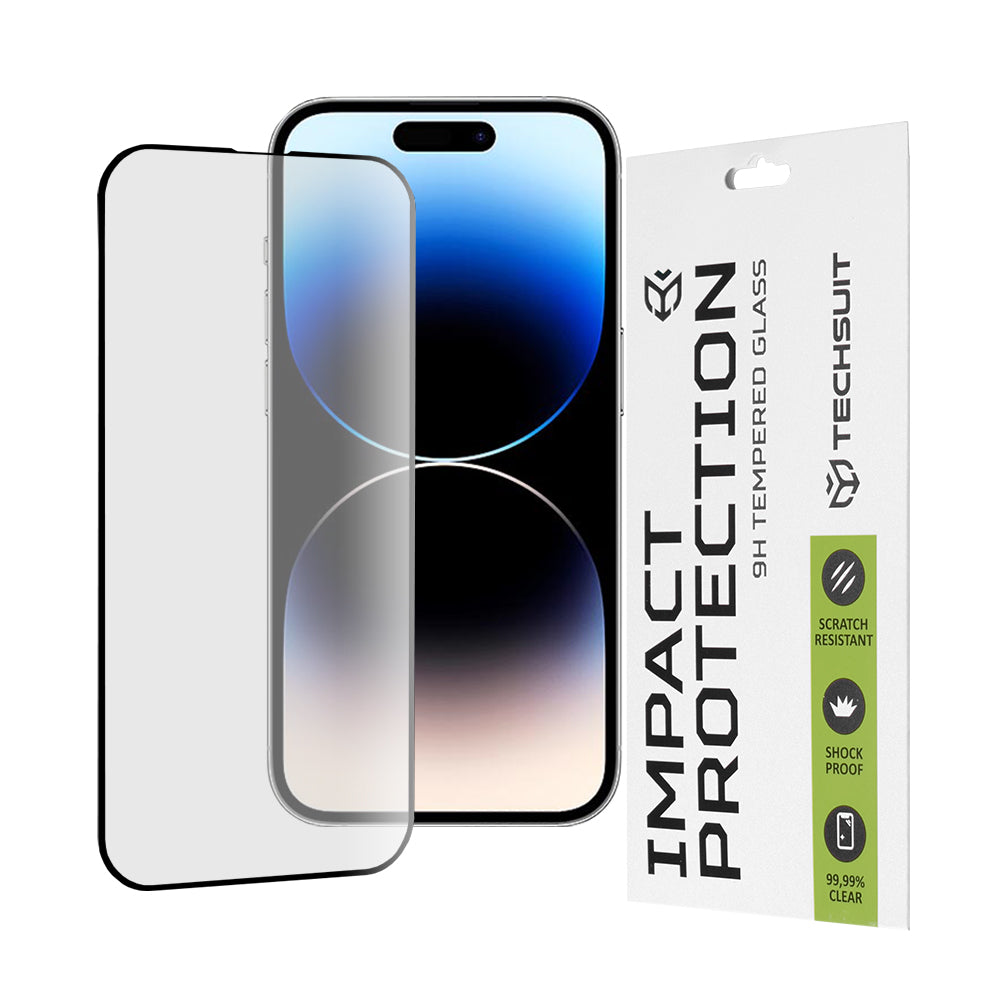 Techsuit Skærmbeskyttelse til Apple iPhone 14 Pro, Hærdet Glas, Full Glue, 111D, Sort