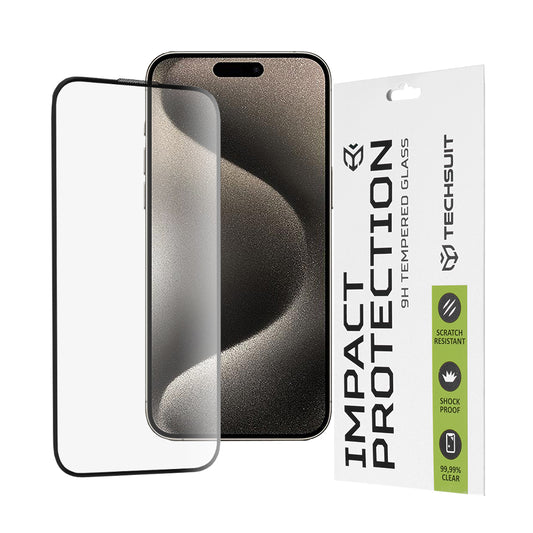 Techsuit Skærmbeskyttelsesfilm til Apple iPhone 15 Pro Max, Hærdet Glas, Full Glue, 111D, Sort