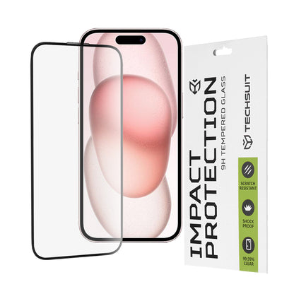 Techsuit Skærmbeskyttelsesfilm til Apple iPhone 16 / 15, Hærdet Glas, Full Glue, 111D, Sort