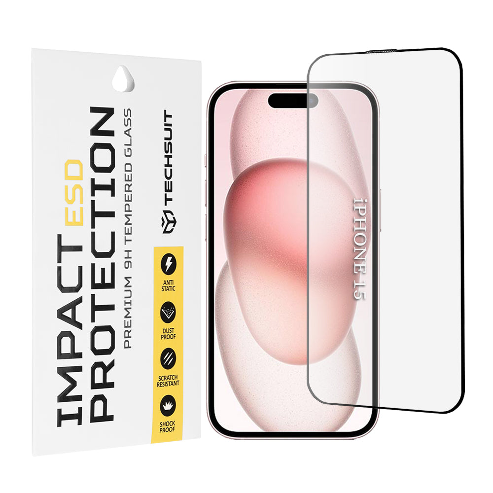 Techsuit Skærmbeskyttelsesfilm til Apple iPhone 16 / 15, Hærdet Glas, Fuld Lim, Sort