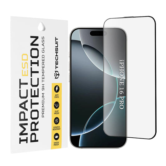 Techsuit skærmbeskyttelsesfilm til Apple iPhone 16 Pro, hærdet glas, fuld lim, sort