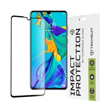 Techsuit Skærmbeskyttelsesfilm til Huawei P30, Hærdet Glas, Full Glue, 111D, Sort