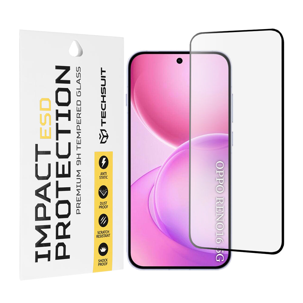 Techsuit Skærmbeskytter til Oppo Reno16 / Reno16 Pro, Hærdet Glas, Fuld Lim, Sort