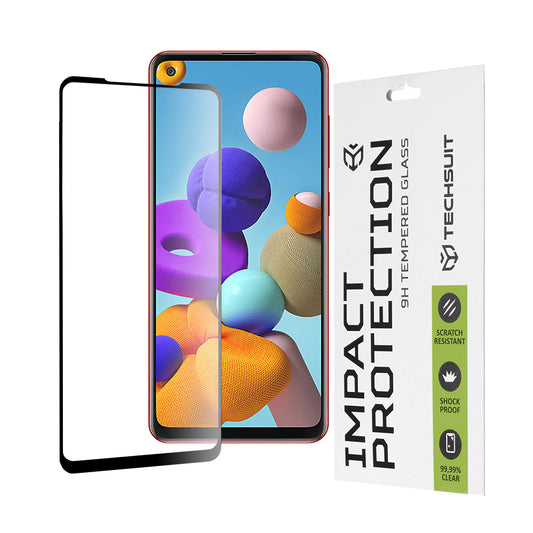 Techsuit skærmbeskyttelsesfilm til Samsung Galaxy A21s A217 / A21 A215, hærdet glas, fuld lim, 111D, sort