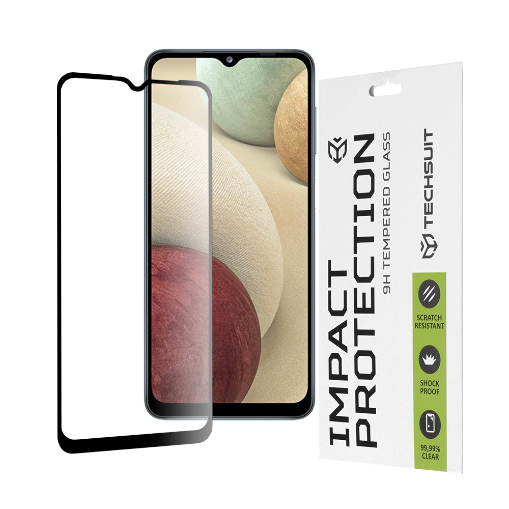 Techsuit Skærmbeskytter til Samsung Galaxy F12 F127 / A12 Nacho A127 / M02 M022 / M12 M127, Hærdet Glas, Full Glue, 111D, Sort
