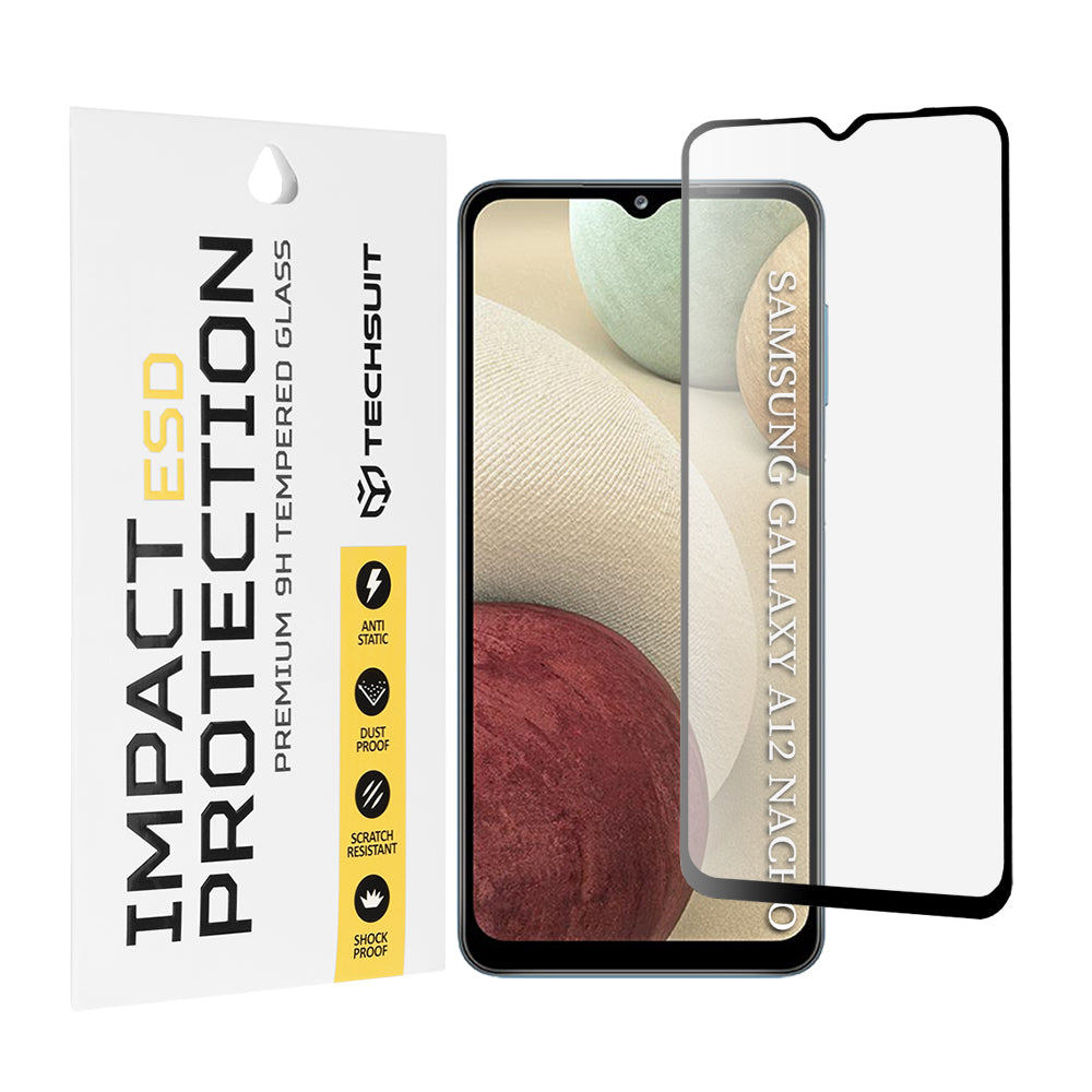 Techsuit skærmbeskyttelsesfilm til Samsung Galaxy F12 F127 / A12 Nacho A127 / M02 M022 / M12 M127, hærdet glas, fuld lim, sort
