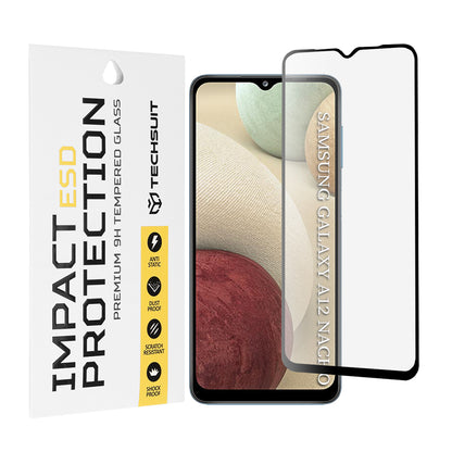 Techsuit skærmbeskyttelsesfilm til Samsung Galaxy F12 F127 / A12 Nacho A127 / M02 M022 / M12 M127, hærdet glas, fuld lim, sort