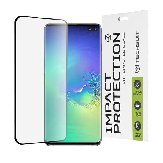 Techsuit Skærmbeskyttelsesfilm til Samsung Galaxy S10+ G975, Hærdet Glas, Full Glue, 111D, Sort