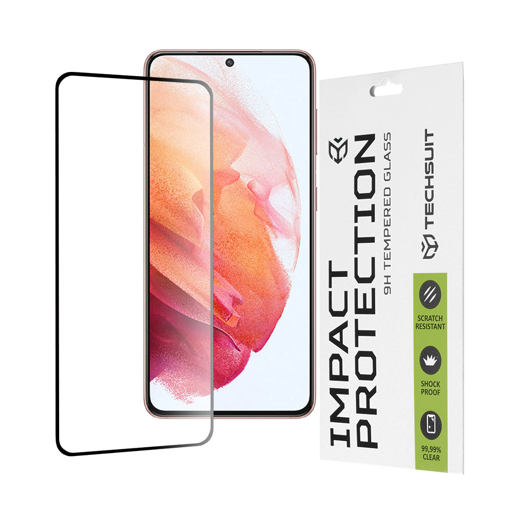Techsuit skærmbeskyttelsesfilm til Samsung Galaxy S21 5G G991, hærdet glas, fuld lim, 111D, sort
