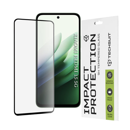 Techsuit skærmbeskyttelsesfilm til Xiaomi Redmi 15 5G / 15 4G, hærdet glas, fuld lim, 111D, sort