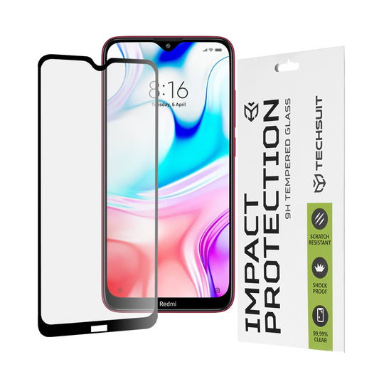 Techsuit Skærmbeskyttelsesfilm til Xiaomi Redmi 8A / 8, Hærdet Glas, Full Glue, 111D, Sort
