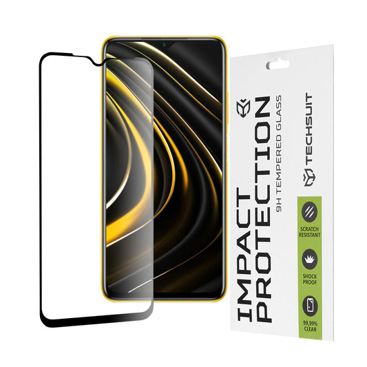 Techsuit skærmbeskyttelsesfilm til Xiaomi Redmi 9 Power / 9T / Poco M3, hærdet glas, fuld lim, 111D, sort