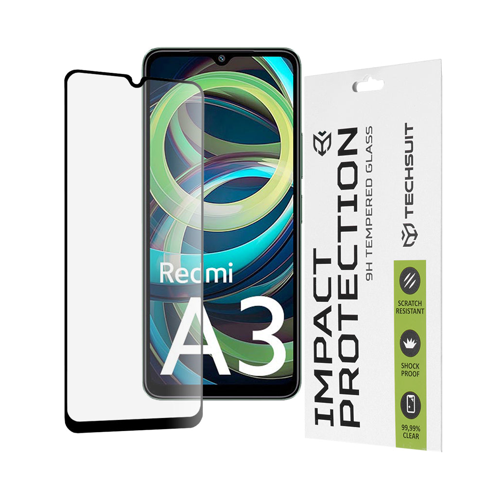 Techsuit Skærmbeskyttelsesfilm til Xiaomi Redmi A3x / A3, Hærdet Glas, Full Glue, 111D, Sort