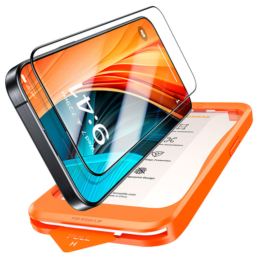 Torras GlassGo Install Master Skærmbeskytter til Apple iPhone 16 Pro Max, Hærdet Glas, Fuld Lim, Sort