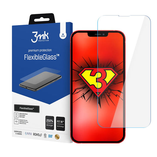 3MK FlexibleGlass Skærmbeskytter til Apple iPhone 17e / 16e / 14 / 13 Pro, Fleksibelt Glas, Fuld Lim