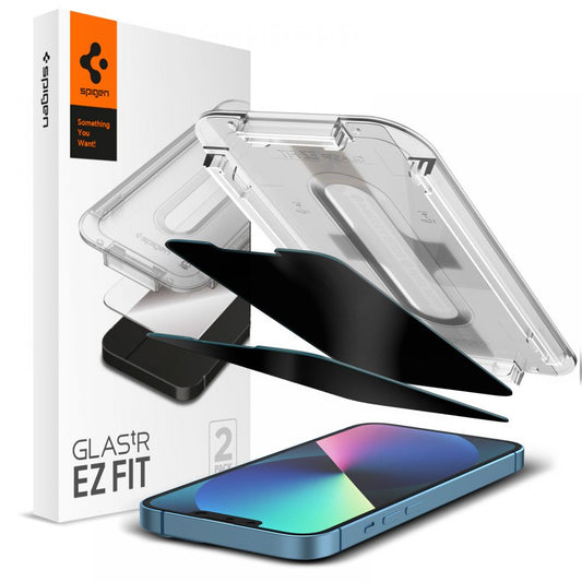 Privacy skærmbeskyttelsesfilm Spigen GlastR EZ FIT til Apple iPhone 17e / 16e / 14 / 13 Pro, hærdet glas, fuld lim, sæt med 2 stk AGL03388