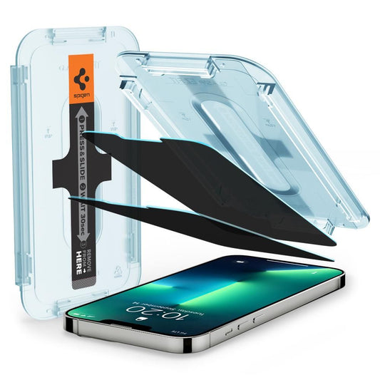 Privacy skærmbeskyttelsesfilm Spigen GlastR EZ FIT til Apple iPhone 17e / 16e / 14 / 13 Pro, hærdet glas, fuld lim, sæt med 2 stk AGL03388