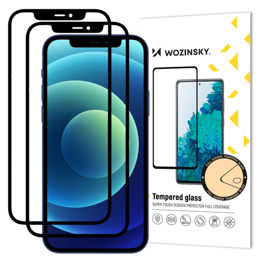 WZK Skærmbeskytter til Apple iPhone 12 / 12 Pro, Hærdet Glas, Fuld Lim, Sæt med 2 stk., Case Friendly, Sort