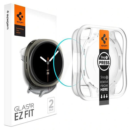 Spigen GlastR EZ FIT beskyttelsesfilm til Samsung Galaxy Watch8 44mm, Sæt med 2 stykker, Hærdet glas AGL09874