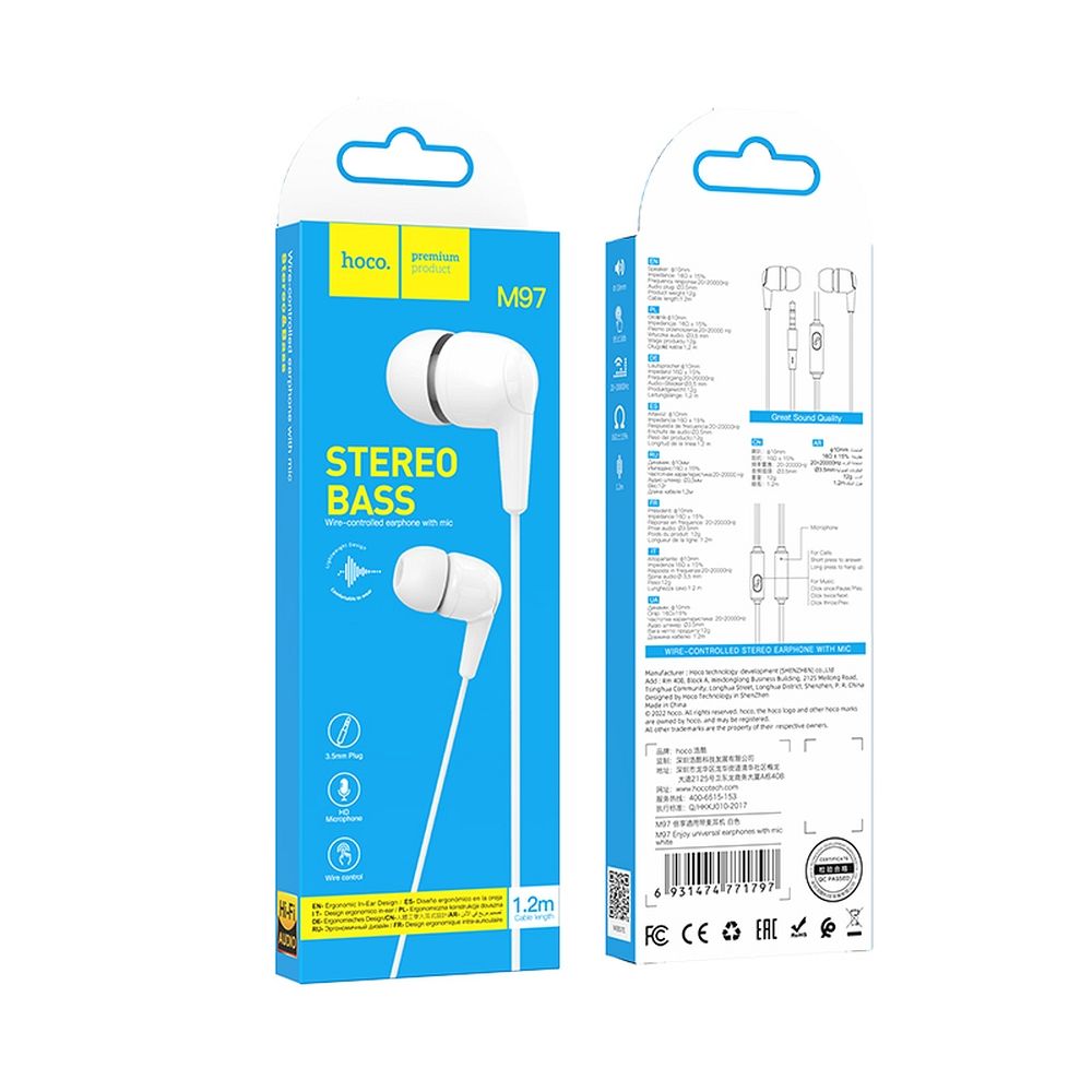 Handsfree 3.5mm HOCO M97, Hvid