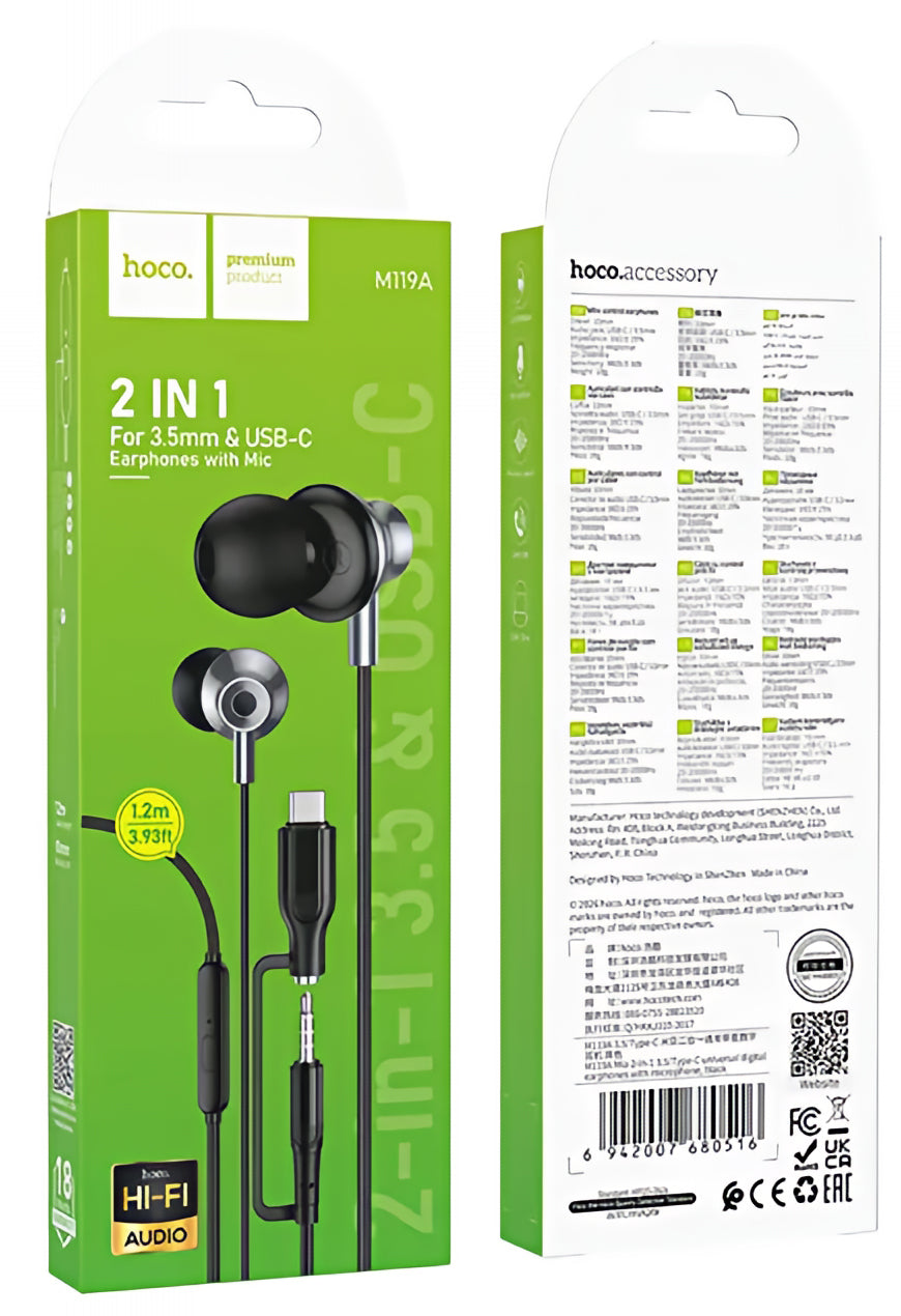 Handsfree 3,5 mm / USB-C HOCO M119A, Sort