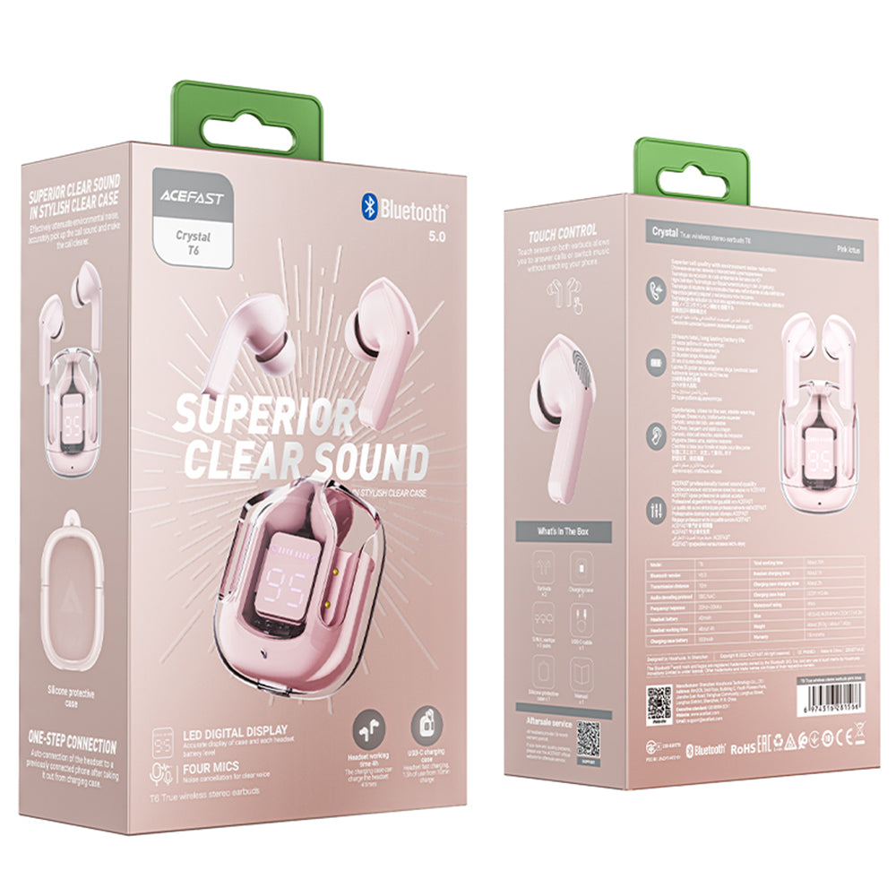 Handsfree Bluetooth Acefast T6, TWS, Pink