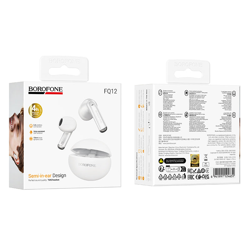Handsfree Bluetooth Borofone FQ12 Nice, TWS, Hvid