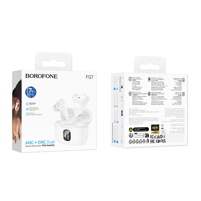 Handsfree Bluetooth Borofone FQ7 Treasure, TWS, ANC, MultiPoint, Hvid