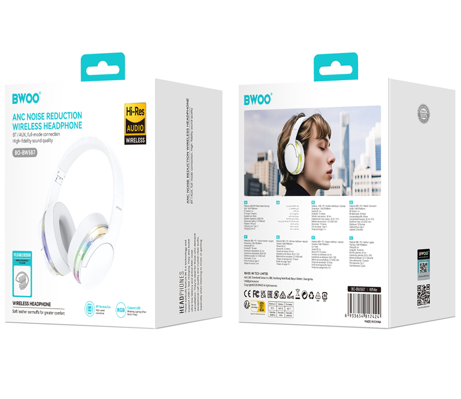 Bluetooth-håndfri BWOO BO-BW587, A2DP, ANC, Hvid