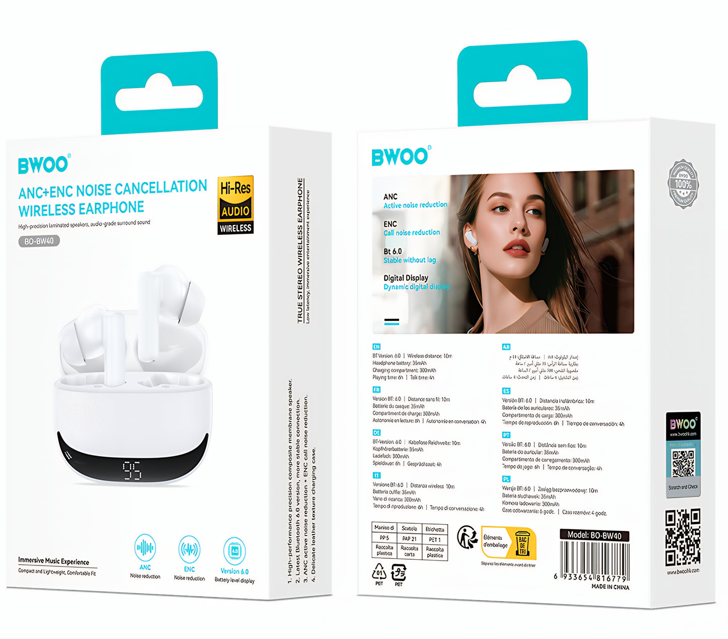Bluetooth-håndfri BWOO BW40, TWS, ANC, Hvid
