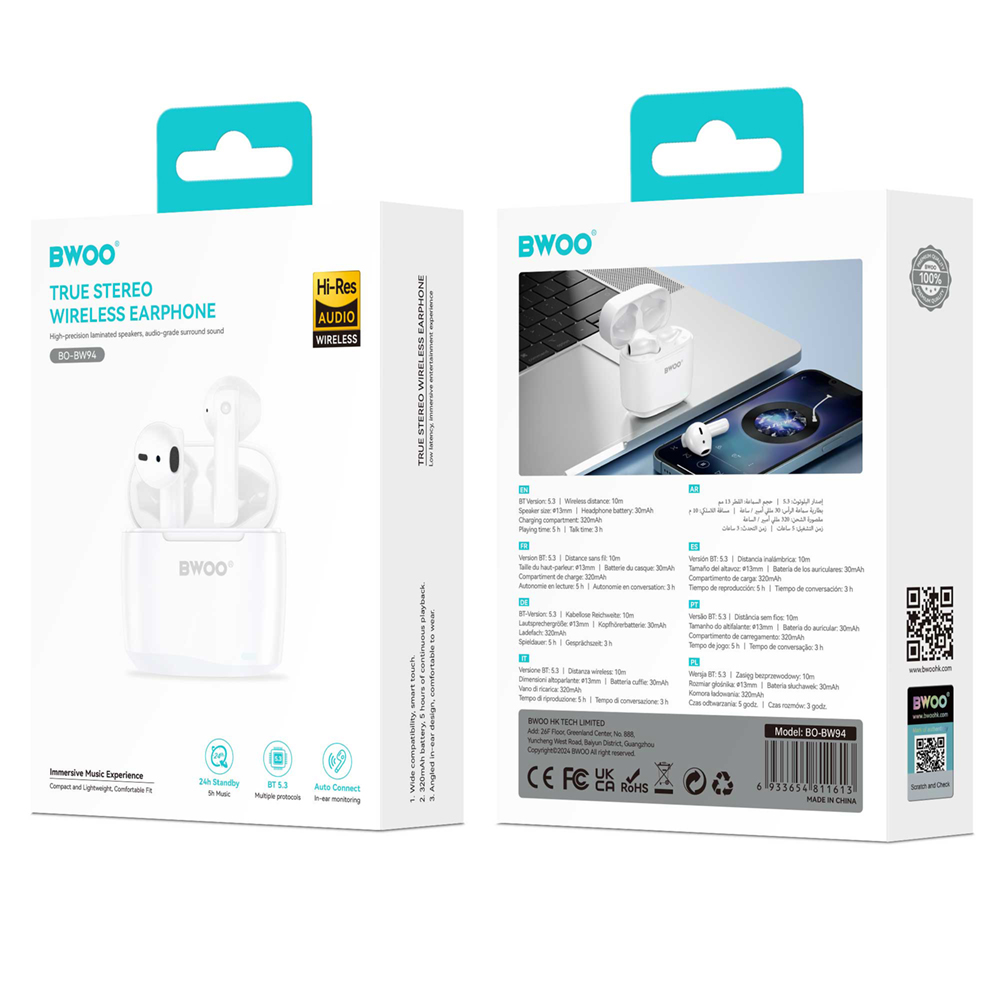 Bluetooth-håndfri BWOO BW94, TWS, Hvid