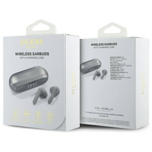 Handsfree Bluetooth Guess med forlænget metallisk trykt logo, TWS, Grå