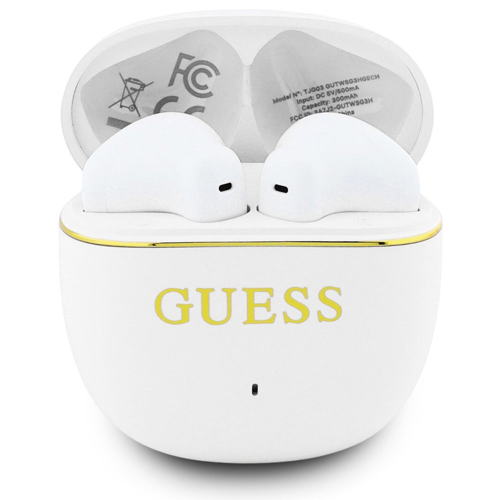 Handsfree Bluetooth Guess Glossy Gold Line Classic, TWS, Hvid
