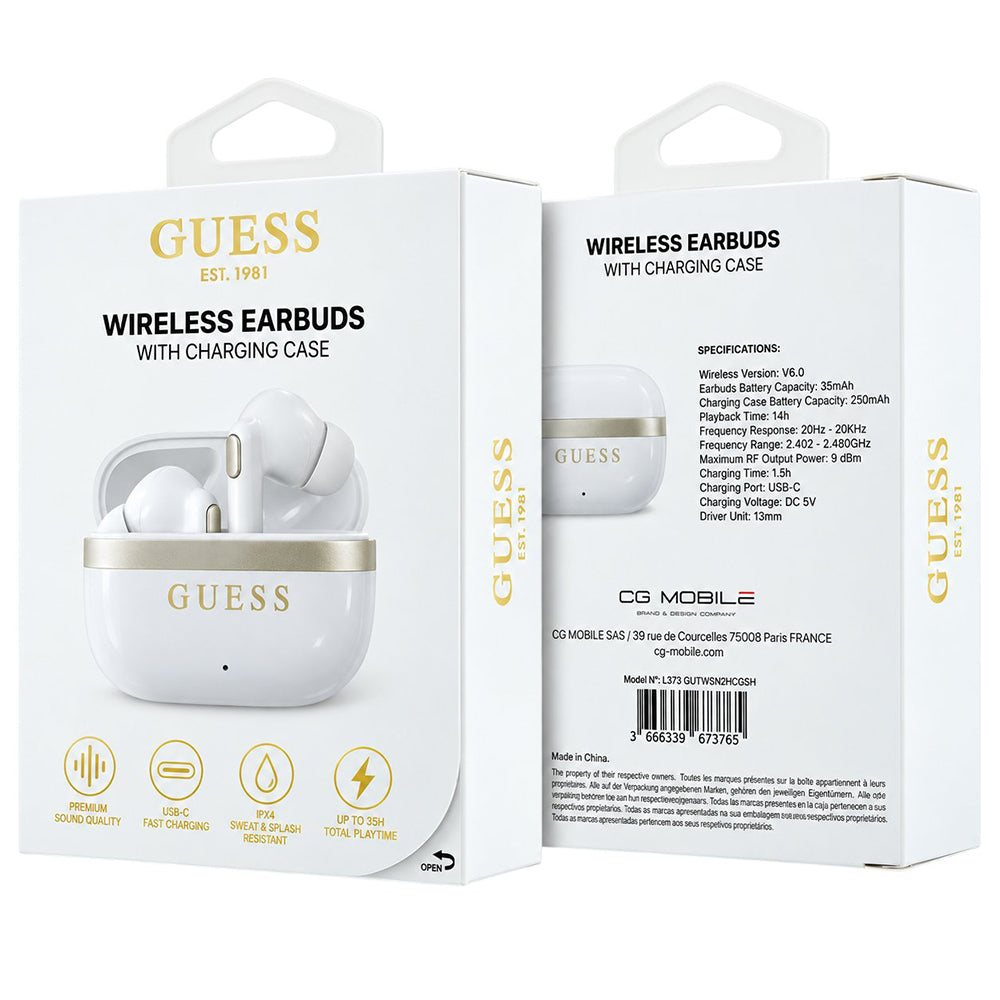 Guess Bluetooth-håndfri med blank guldfarvet linje og klassisk logo, TWS, hvid