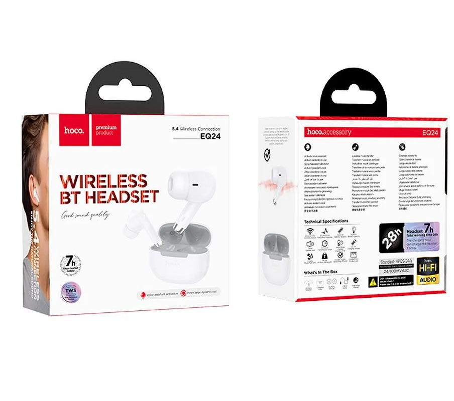 Handsfree Bluetooth HOCO EQ24, TWS, Hvid
