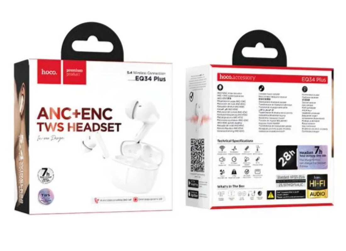 Handsfree Bluetooth HOCO EQ34 Plus, TWS, ANC, Hvid