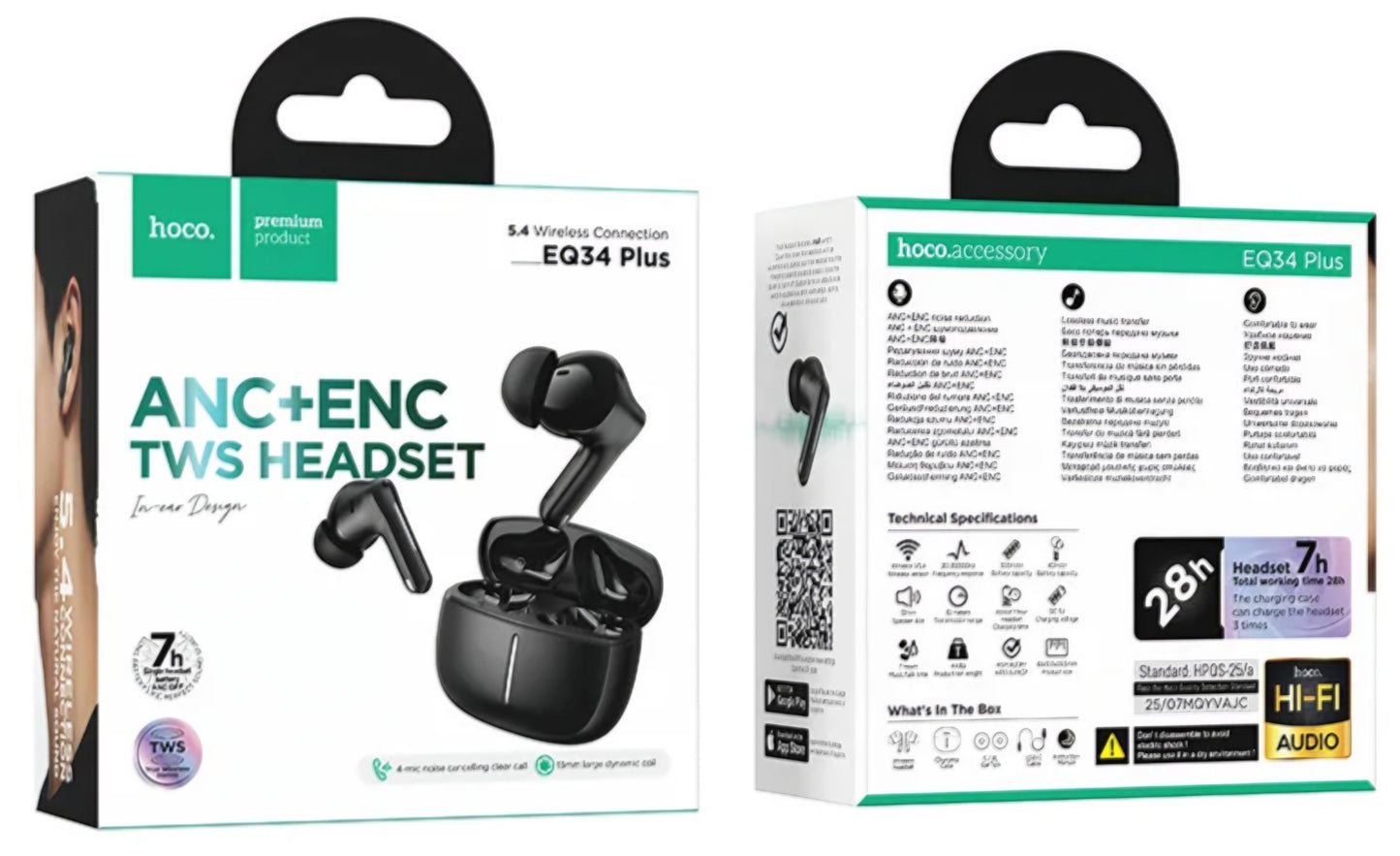 Bluetooth-handsfree HOCO EQ34 Plus, TWS, ANC, Sort