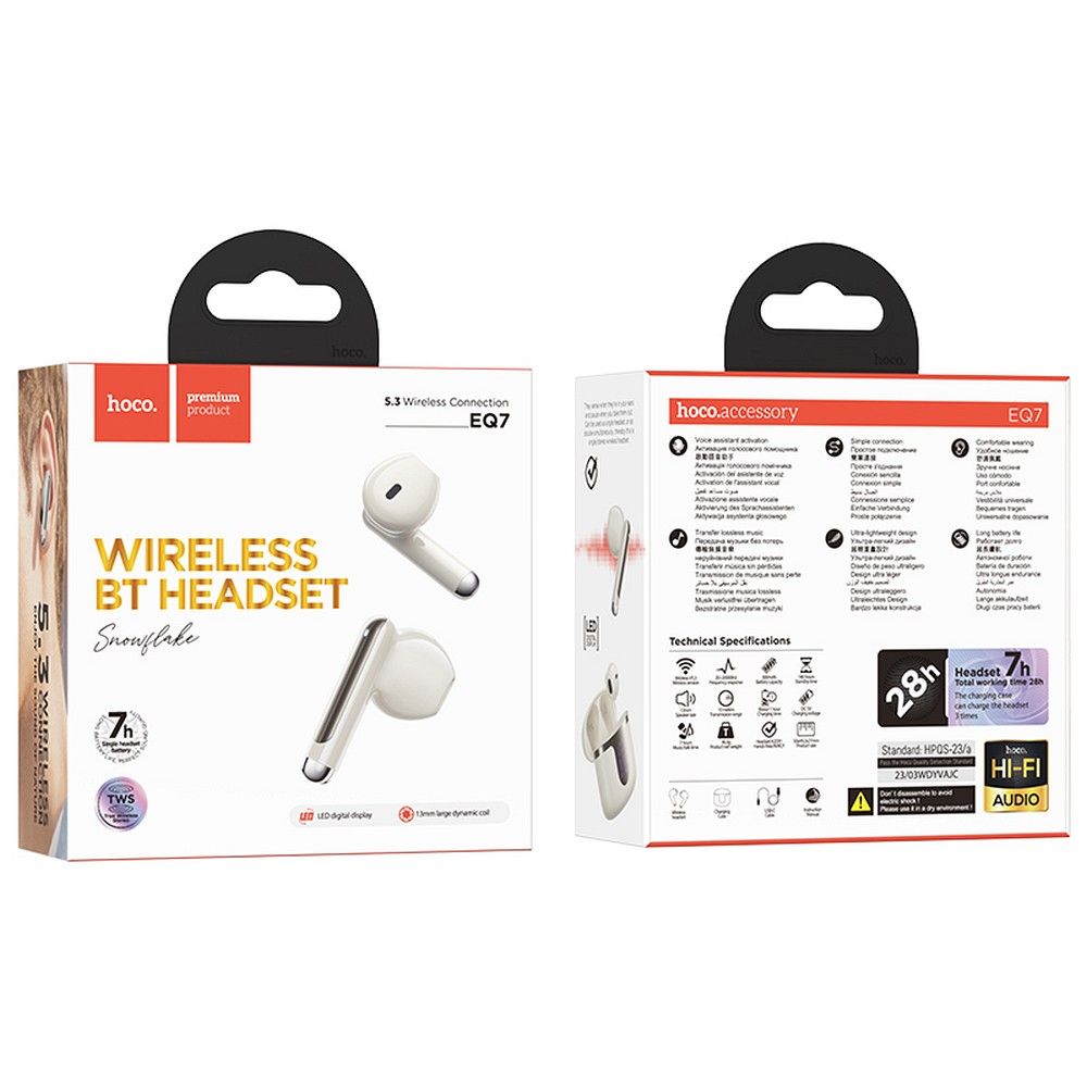Handsfree Bluetooth HOCO EQ7, TWS, Hvid