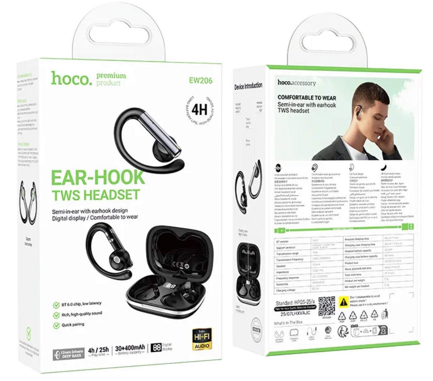 Handsfree Bluetooth HOCO EW206, TWS, Sort