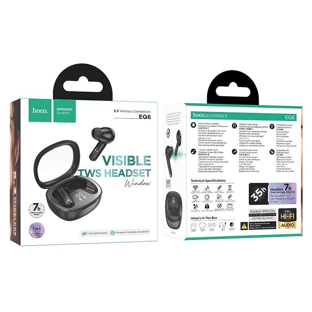 Håndfri Bluetooth Bluetooth HOCO Shadow EQ6, TWS, Sort 
